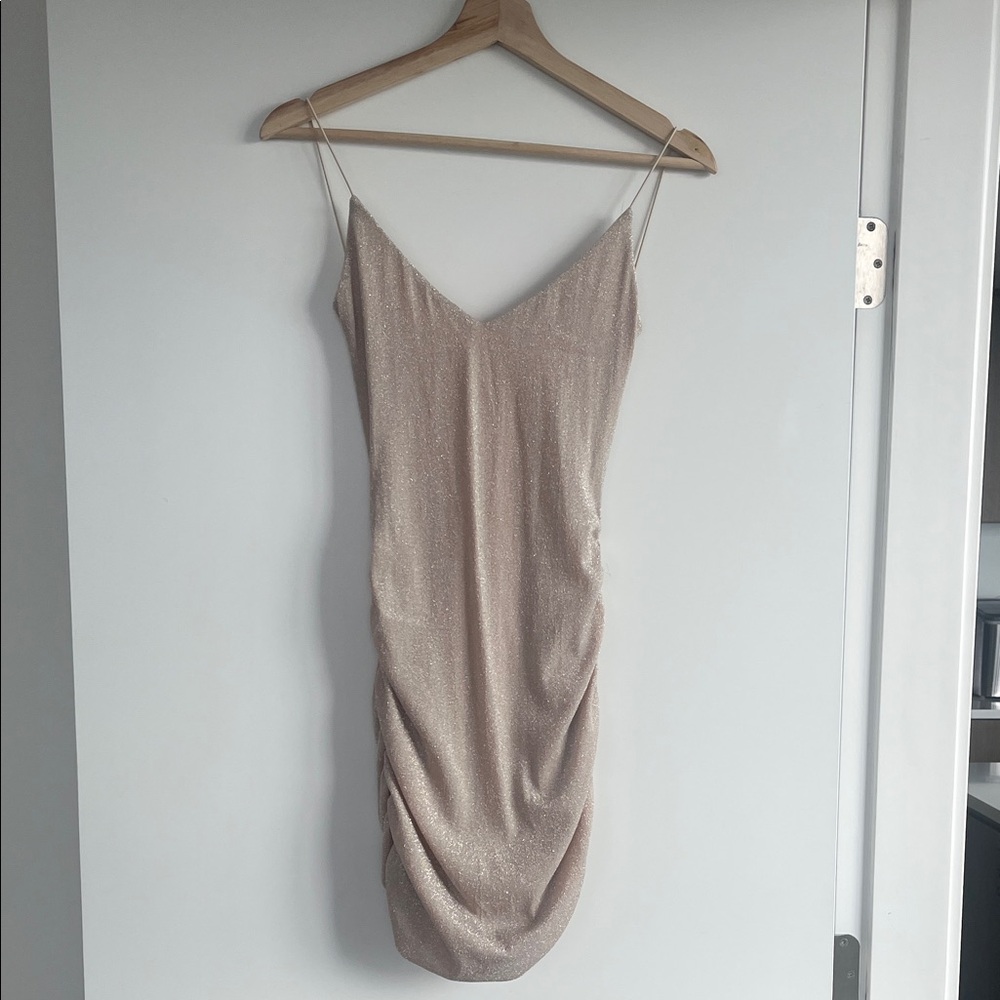 New Champagne Slip sparkly Midi Dress with Delicate Spaghetti Straps